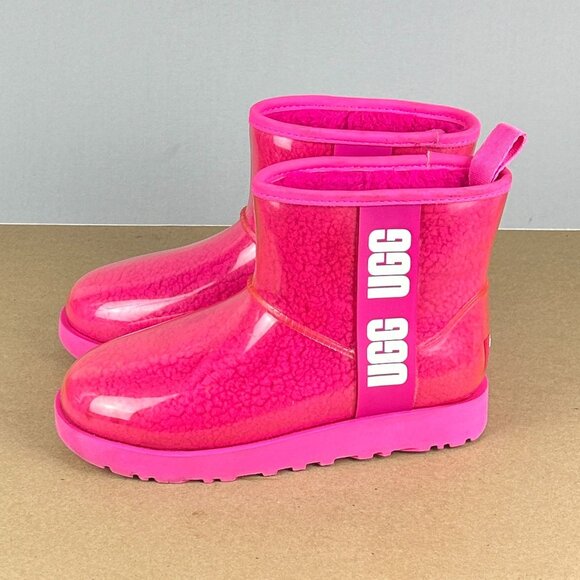 UGG Classic Clear Mini Boot Womens 6 Hot Pink White Ankle Pull On Waterproof - Picture 1 of 11